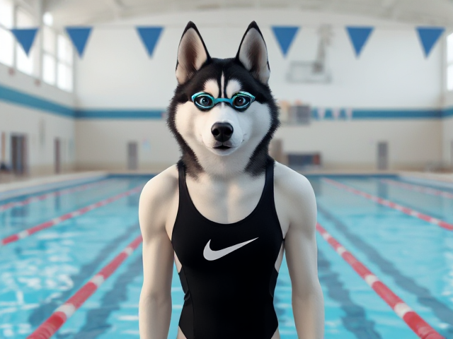 A tall anthropomorphic Siberian husky with a long torso and broad shoulders wearing a high cut Nike one piece swimsuit and swimming goggles at a high school swimming pool