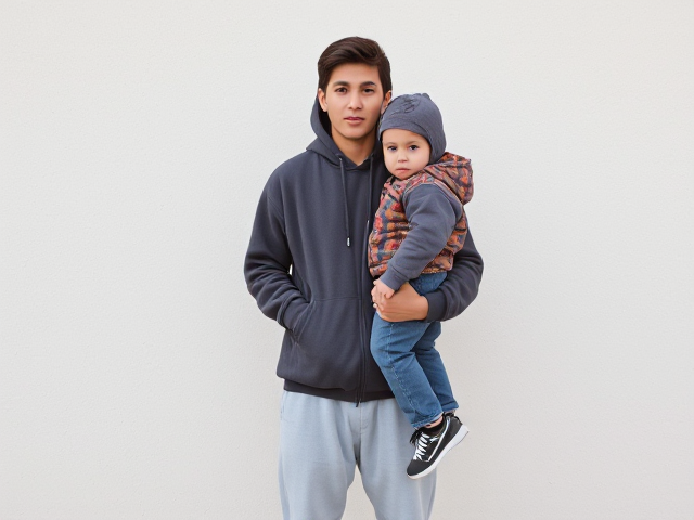 handsome teenage boy in baggy cloth and hoodie and sneakers holding little brother