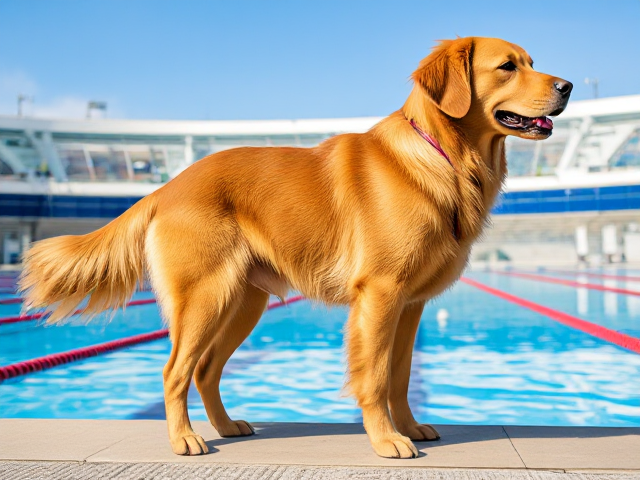 Anthropomorphic golden retriever with large hips, wearing a swimsuit, standing by an Olympic swimming pool, highly detailed and vibrant colors