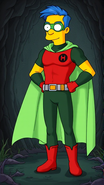 Cartoon scene: Milhouse Van Houten from The Simpsons, with his yellow skin, really big round nose, and blue hair that's slicked back and curled up at the top, but as a tall, 18-year old teenager, dressed as a parodied version of Robin, The Boy Wonder, with an extremely muscular body, wearing a dark green bodysuit with a red torso adorned with a small black circle with a light-green "H" symbol on his left pectoral, a silver utility belt with a red square buckle with silver pouches attached to it that hold all of his unique gadgets, red boots, red long-cuffed gloves, a really big, toe-length long, ultra-wide light-green cape wreathed around his neck held up by an inverted silver triangular button, and a light-green eye mask with optical lenses in it that protects his true identity, now known as Houseboy, The Nerd Wonder, the other half of Springfield's Dynamic Duo, and one of the greatest vigilante superheroes ever known in Springfield. In this scene, Houseboy is currently standing in a dark cavern, searching for a lost citizen that has been kidnapped.