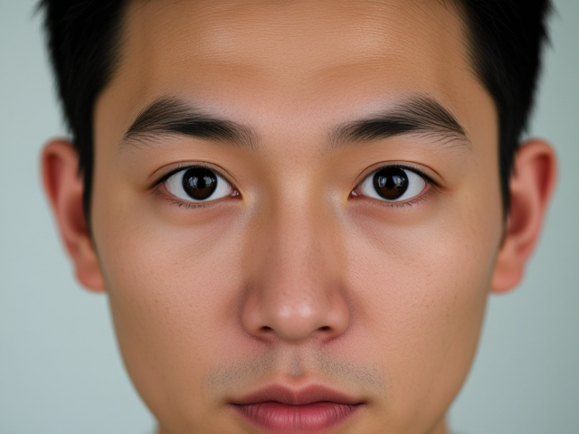 create a realistic asian guy He should have shocking wide-open eyes staring straight ahead.