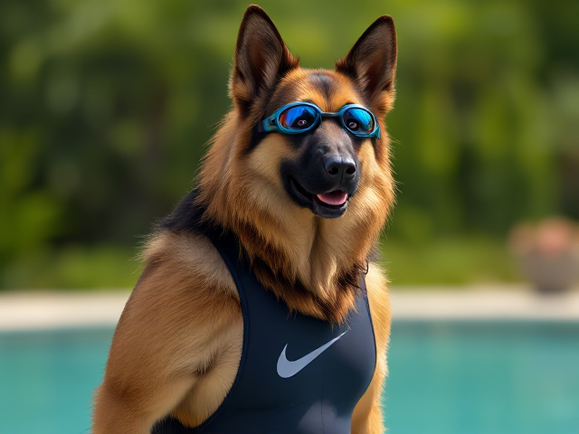 A tall anthropomorphic long haired German shepherd with a long torso and broad shoulders wearing a high cut Nike one piece swimsuit and swimming goggles