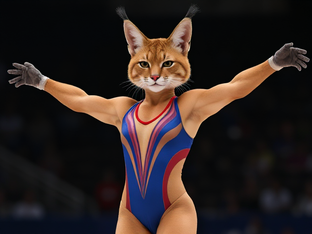A anthropomorphic lynx Olympic gymnast wearing a leotard