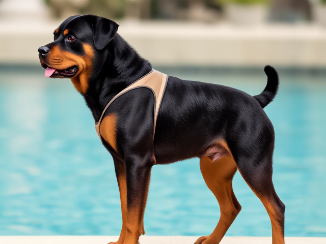Anthropomorphic Rottweiler wearing a water polo swimsuit, standing confidently with prominent hips, detailed fur texture, vibrant colors