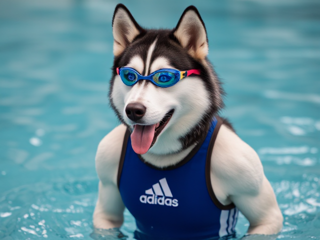 A anthropomorphic Siberian husky wearing an adidas swimsuit and swimming goggles