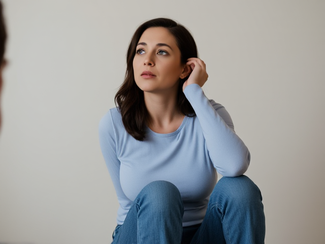 Brunette actress with dark brown hair wearing a light blue long sleeve top and  blue jeans on her knees loooking up at someone in concern for herself