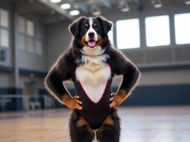 Bernese mountain dog with strong hips, wearing a gymnastics leotard, inside a gymnasium, dynamic pose, vibrant lighting, detailed fur