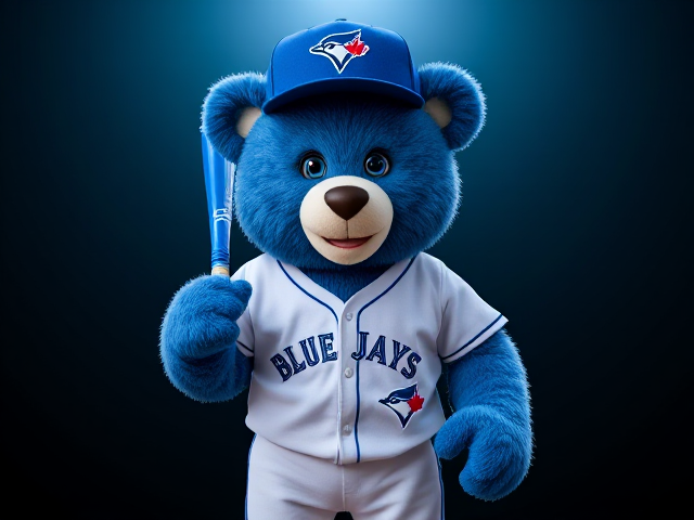 A human athletic teddy bear 5 feet 9 inches tall blue fur blue eyes wearing a blue baseball hat with a blue jay logo white v neck athletic shirt with blue jays written across the front in blue white baseball pants with blue piping down the sides blue baseball socks blue cleats smiling posing holding a blue baseball bat with white grip tape
