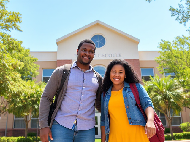 un couple afro américain  avec leurs enfants souriants et heureux, debout devant l'école en période de rentrée des classes, vêtements colorés et variés, atmosphère joyeuse et ensoleillée, école moderne et propre avec une architecture attrayante, arbres verdoyants autour de l'école, ciel bleu sans nuages