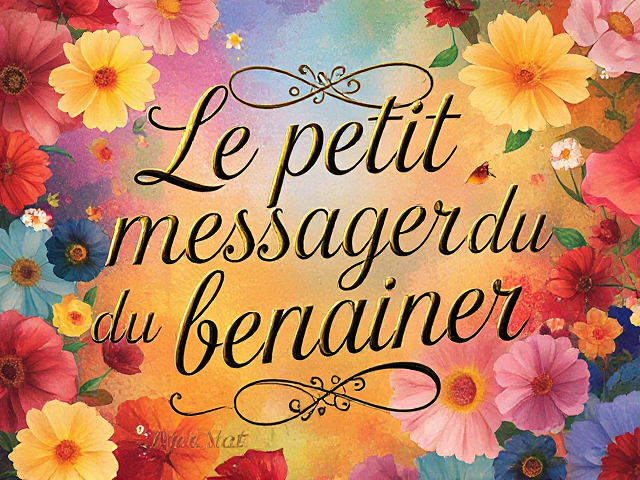 Texte élégant avec la phrase "Le petit messager du bonheur", style calligraphique, fond joyeux et coloré