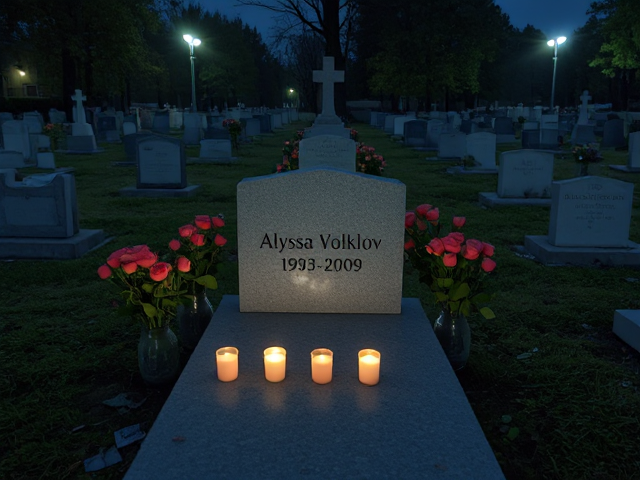 A grave that has the name 'Alyssa Volklov 1993-2009' engraved on it with roses in vases surrounding it at night with other graves (cemetery), no light shining, only candles
