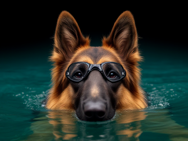 A Long haired German shepherd wearing freediving goggles pops her head above the water to take a breath