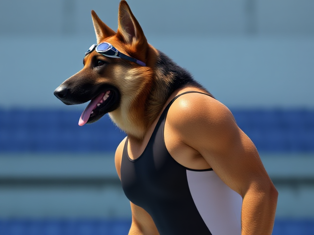 A tall anthropomorphic German shepherd Olympic swimmer with a long torso and broad shoulders wearing a racing swimsuit and goggles