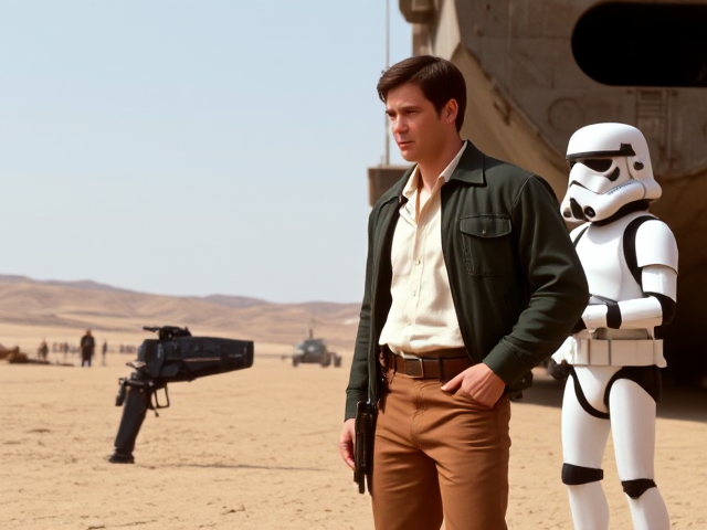 Set in the Star Wars universe. On Tatooine, a tall muscular man with short brown hair wearing dark tan paints, gun belt with a blaster in the holster, white shirt and dark green jacket is standing next to a freighter talking with a stormtrooper.