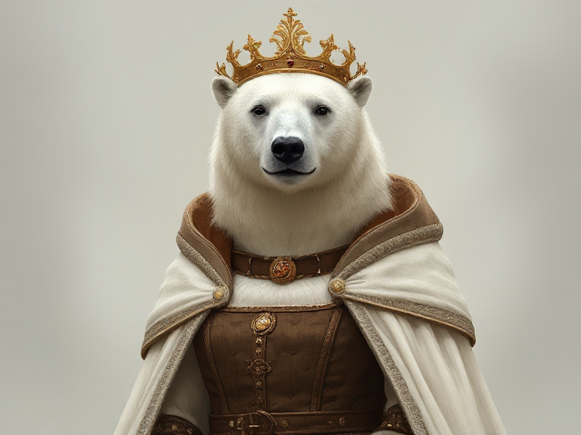 Image d'une femelle ours polaire 
Qui se tient debout de face 
Habillé en Jeanne d'Arc ,, avec une couronne