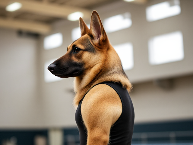 A anthropomorphic German shepherd with blonde hair wearing a gymnastics leotard in a gymnasium