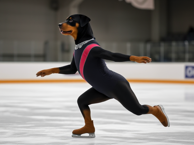 A anthropomorphic Rottweiler ice skating wearing a gymnastics leotard in a ice rink