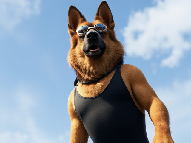 A tall anthropomorphic long-haired German shepherd with a long torso and broad shoulders wearing a one-piece swimsuit and swimming goggles