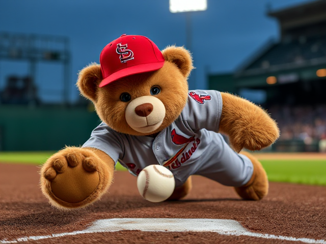 A human teddy bear tan fur blue eyes wearing a cardinals uniform red hat grey jersey grey pants wearing a tan baseball glove on his left hand diving for a baseball at shortstop on a minor league stadium