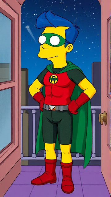 Cartoon scene: Milhouse Van Houten from The Simpsons, with his yellow skin, really big round nose, and blue hair that's slicked back and curled up at the top, but as a tall, 18-year old teenager, dressed as a parody of Robin, The Boy Wonder, with an extremely muscular body, a dark green bodysuit with a red torso adorned with a green H symbol on his chest, a grey utility belt, red boots, red long-cuffed gloves, a big, heel-length long, ultra-wide green cape wreathed around his neck held up by a silver triangular button, and a green eye mask with optical lenses in it, now known as Houseboy, The Nerd Wonder, the other half of Springfield's Dynamic Duo, and one of the greatest vigilante superheroes ever known in Springfield. The teenage vigilante hero is currently standing on his bedroom balcony at night as he gazes up to the starry skies, wondering what his true destiny is.