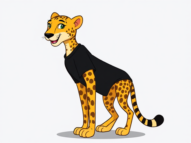 Cartoon-style cheetah character, standing upright, wearing a black t-shirt, vibrant colors, cheerful expression, detailed fur texture, no pants
