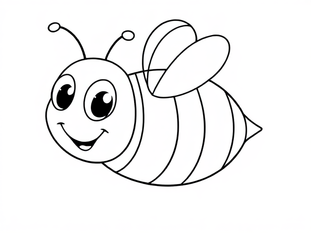 A high-quality, cartoon-style bee with large, expressive eyes, a friendly smile, and small wings. The bee's body should be round and slightly fluffy with visible stripes. The design features smooth, clean, bold outlines, suitable for a children's coloring book. The wings should be slightly raised, and the bee's antennae are curved playfully. Full body shown, with the bee in a standing or flying pose. Plain white background. No shading or colors, with lines thick enough for easy coloring.