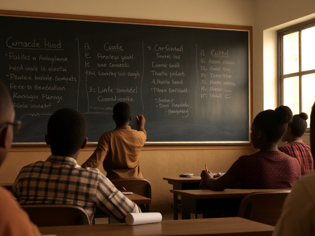 Élèves afro-américains écrivant au tableau dans une salle de classe, ambiance studieuse et chaleureuse, tableau noir avec écriture visible, lumière naturelle entrant par la fenêtre