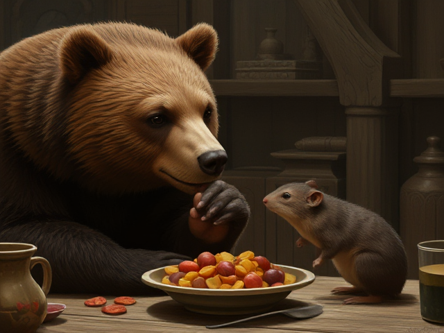 Un ours gentil qui gronde une musaraigne qui mange tous les vivres de la maison