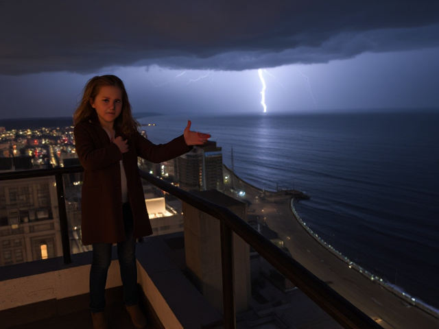 A petite 13-year-old girl with strawberry blonde hair, wearing a pullover and jeans, is standing on the roof ledge of a night club. Next to her on the roof, standing nearby is a modern-day, pale skinned vampire in his late twenties, with blonde hair, dressed in a brown trench coat and jeans. He appears uneasy as he looks at her. The girl gestures angrily at him, flailing her arms outwards and scowling at him. A thunderstorm approaches the cityscape from the sea shore. Set at night.