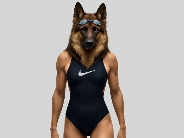 A tall anthropomorphic long haired German shepherd with a long torso and broad shoulders wearing a high cut Nike one piece swimsuit and swimming goggles