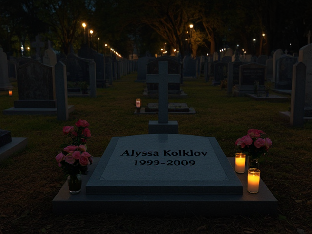 A grave that has the name 'Alyssa Volklov 1993-2009' engraved on it with roses in vases surrounding it at night with other graves (cemetery), no light shining, only candles