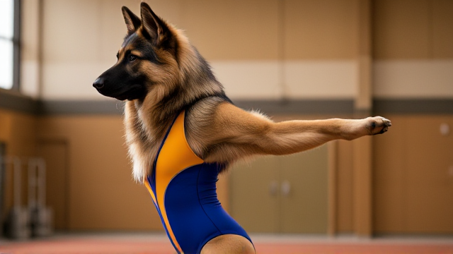Anthropomorphic Long-Haired German Shepherd wearing a vibrant gymnastics leotard, posing dynamically in a gym setting, detailed fur texture and realistic lighting