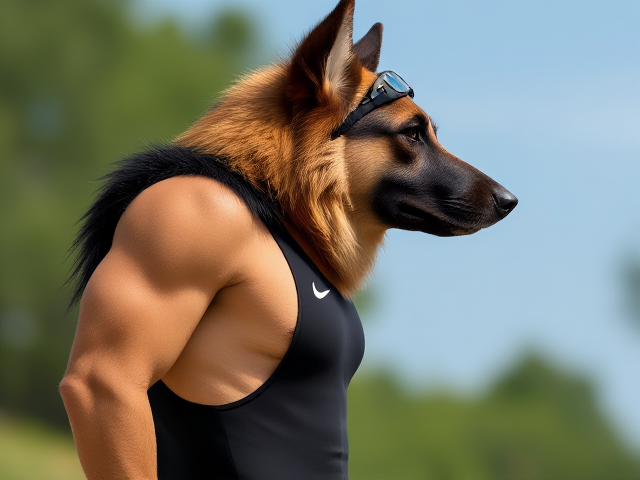 A tall and lean anthropomorphic long haired German shepherd with a long torso and broad shoulders wearing a high cut Nike one piece swimsuit and swimming goggles