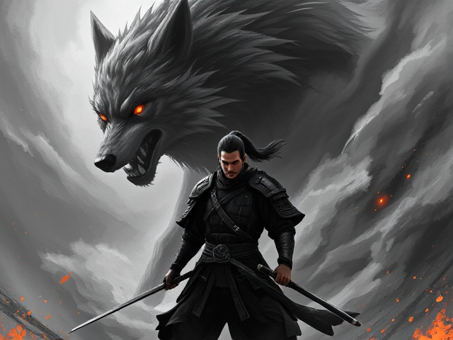 a dynamic and dramatic scene featuring a lone samurai with a stern expression, standing with a drawn katana. His armour is intricate and dark, with flowing details, and he has a ponytail blowing in the wind. Behind him looms a massive, spectral wolf with glowing orange eyes, its form blending into a swirling, smoke-like background. Splashes of fiery orange embers and glowing streaks contrast against the monochromatic palette of black, grey, and white. The art style should resemble a digital painting with high detail, bold strokes, and a mix of realism and fantasy, evoking an intense and mystical atmosphere.