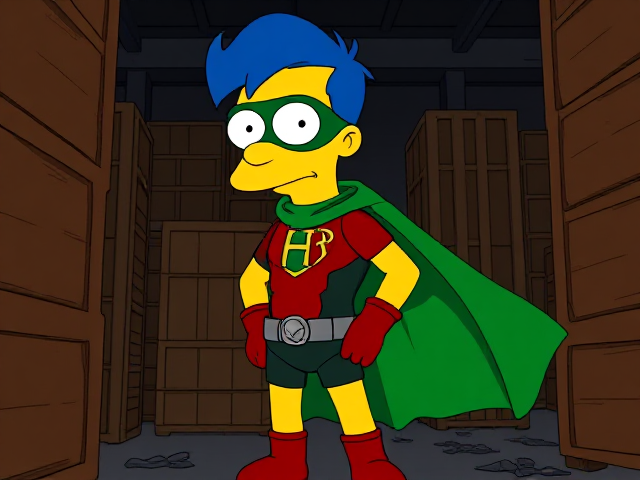 Cartoon scene: Milhouse Van Houten from The Simpsons, with his yellow skin, really big round nose, and blue hair that's slicked back and curled up at the top, but as a tall, 18-year old teenager, dressed as a parody of Robin, The Boy Wonder, with an extremely muscular body, a dark green bodysuit with a red torso adorned with a green H symbol on his chest, a grey utility belt, red boots, red long-cuffed gloves, a big, heel-length long, ultra-wide green cape wreathed around his neck held up by a silver triangular button, and a green eye mask with optical lenses in it, now known as Houseboy, The Nerd Wonder, the other half of Springfield's Dynamic Duo, and one of the greatest vigilante superheroes ever known in Springfield. He is currently hiding behind a large stack of crates in a dark factory, beginning his infiltration into a villain's lair.