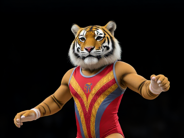 A anthropomorphic tiger Olympic gymnast wearing a leotard