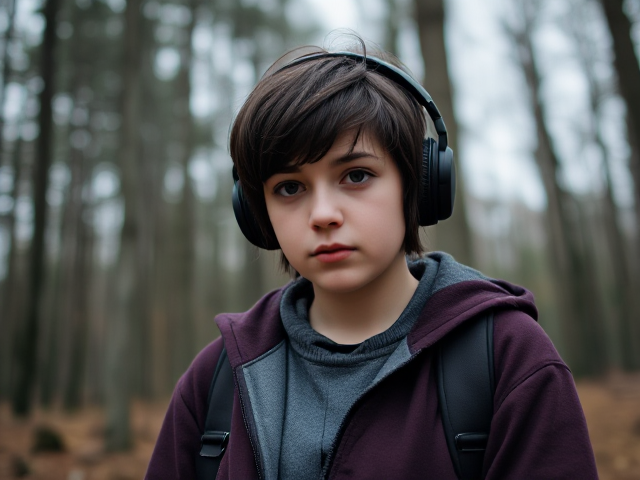 15-year-old woman feeling lonely, at a forest setting, with short, shaggy unkept dark brown hair. She is wearing black headphones and a grayish maroon jacket. Her eyes are dull hazel, complemented by black stockings and dark brown boots, set in a somber mood, capturing her sense of solitude