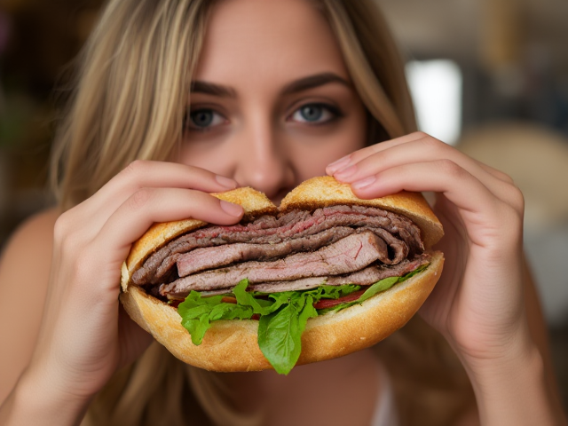 Valeria Ripoll eating a thick meat sandwich