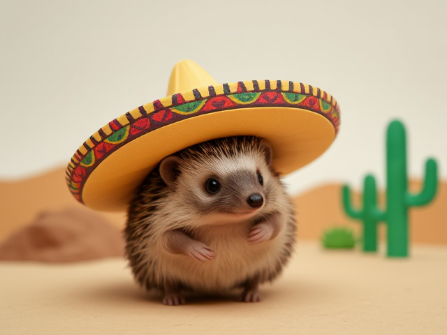 Choupisson portant un sombrero coloré, posé dans un décor de western mexicain avec cactus et désert, l'air déterminé et prêt à en découdre