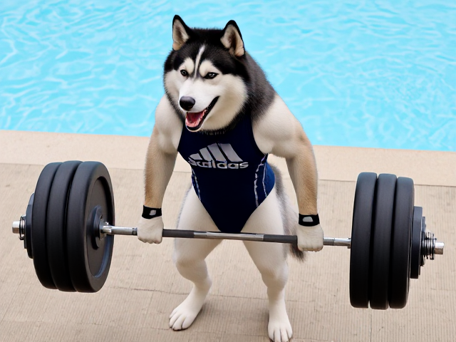 A anthropomorphic Siberian husky wearing an adidas swimsuit deadlifting a barbell on a pool deck