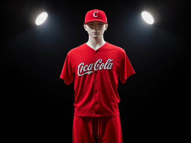 A red baseball hat with coca cola logo with a red v neck athletic shirt with coca cola logo with red baseball pants red socks and white cleats displayed on a mannequin