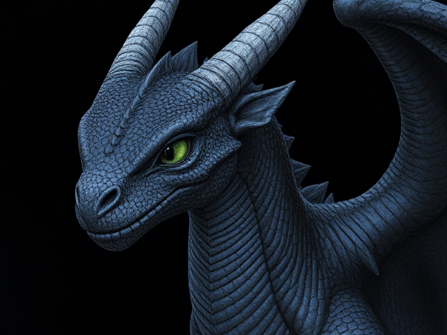 young female dragon that had midnight blue scales and dark obsidian-black wings. she had eyes that were green like poison ivy. she had small ears similar to a horse and small icicle-shaped horns that aligned her back jaw. she had a narrow, long yet beautiful face, long, twisted horns, and was a great friend despite her sense of attempted maturity and seriousness. Her huge wingspan was as wider than herself, and she had a very long neck. she was cold-eyed and powerfully built, with scales that blend into the night. she moved maturely and purposefully