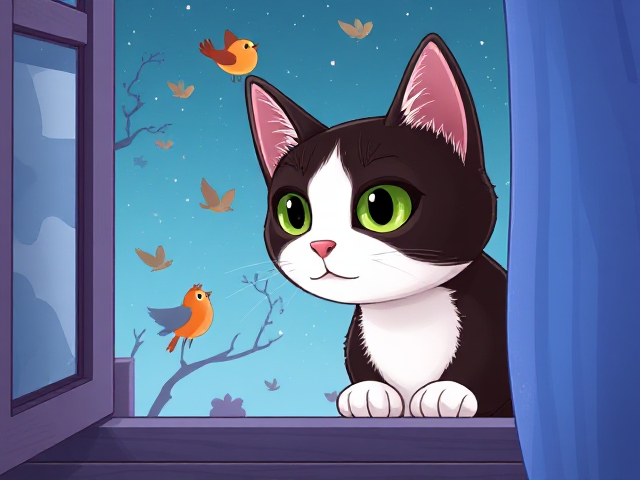 Looking into a window with cat eyes looking out the window at scared birds