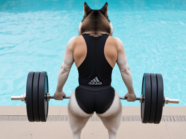 A anthropomorphic Siberian husky wearing an adidas swimsuit deadlifting a barbell on a pool deck