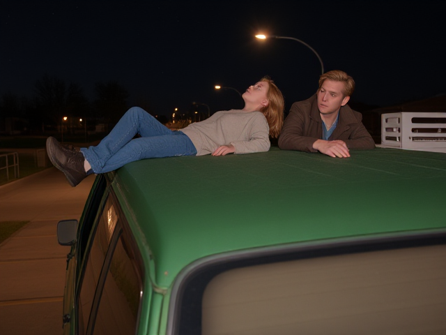 A petite, 13 year old girl with strawberry blonde hair, wearing a pullover and  jeans, laying on the roof of a green, 1987 Chevy van. She is on her back, staring up at the night sky, stargazing. Besides her sits a modern day vampire in his twenties, with blonde hair and wearing a brown trenchcoat and jeans. He looks down, uneasy.