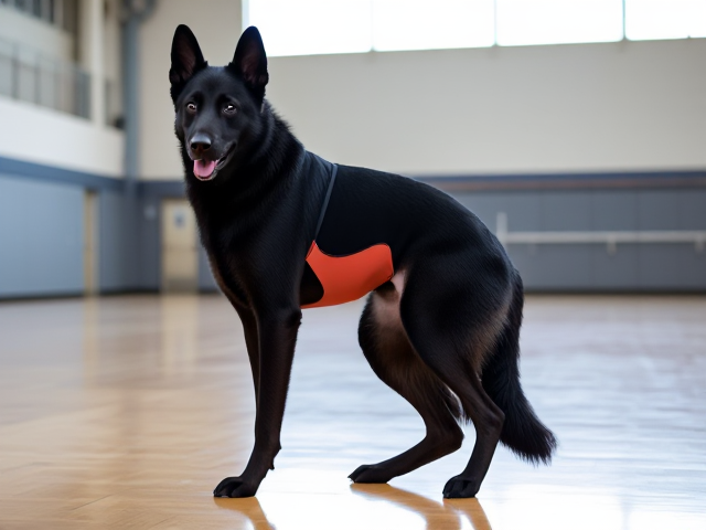 Anthropomorphic black German shepherd wearing a gymnastics leotard, posing with emphasis on its hips in a gymnasium setting, detailed and vibrant colors
