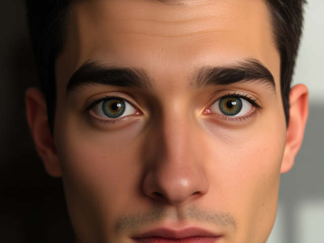 Tan, green eye and hazel eye, black hair, male, no facial hair