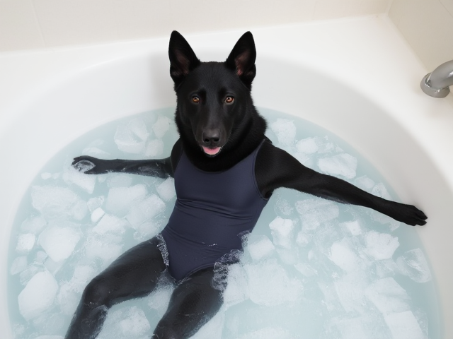 A anthropomorphic black German shepherd wearing a gymnastics leotard in a bath tub full of ice submerged in the water