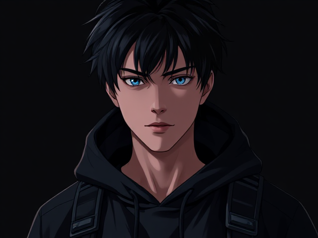 A young man with messy black hair and blue eyes wearing a tactical style black futuristic hoodie with it up in the dark shadow, anime