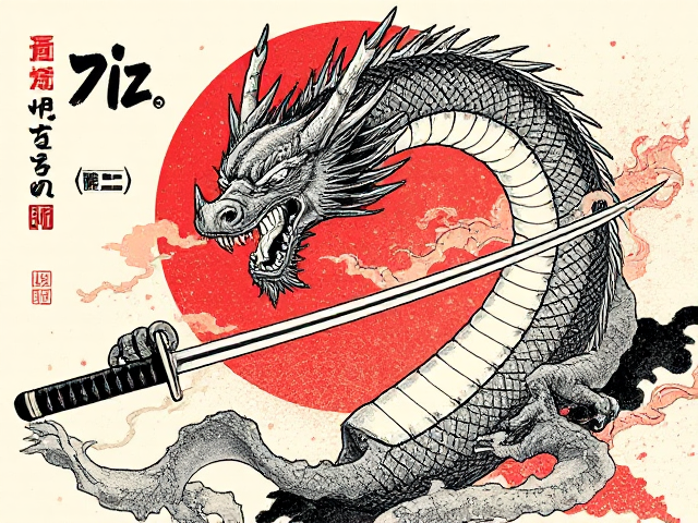An image of a Japanese Dragon in the background with the phrase "riz the legendary dragon warrior" Japanese art brush style of Katanas
